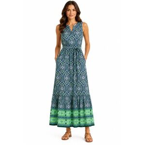 Talbots 100% Cotton Maxi Dress Size 12 Blue Green Medallion Print Tie Waist Boho
